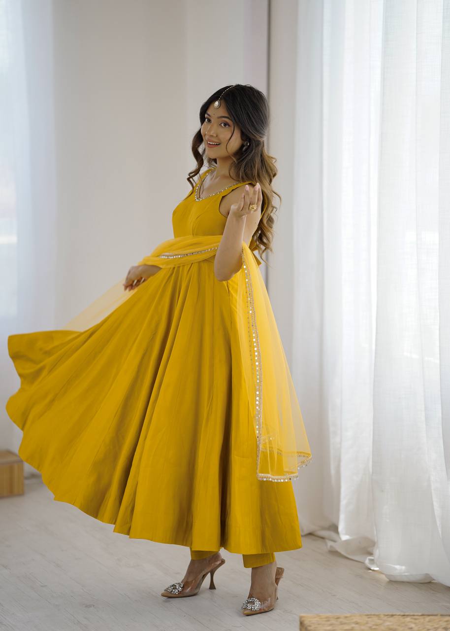 Pure Romansilk Chanderi Anarkali Set with Dupatta & Pant – Fully Stitched